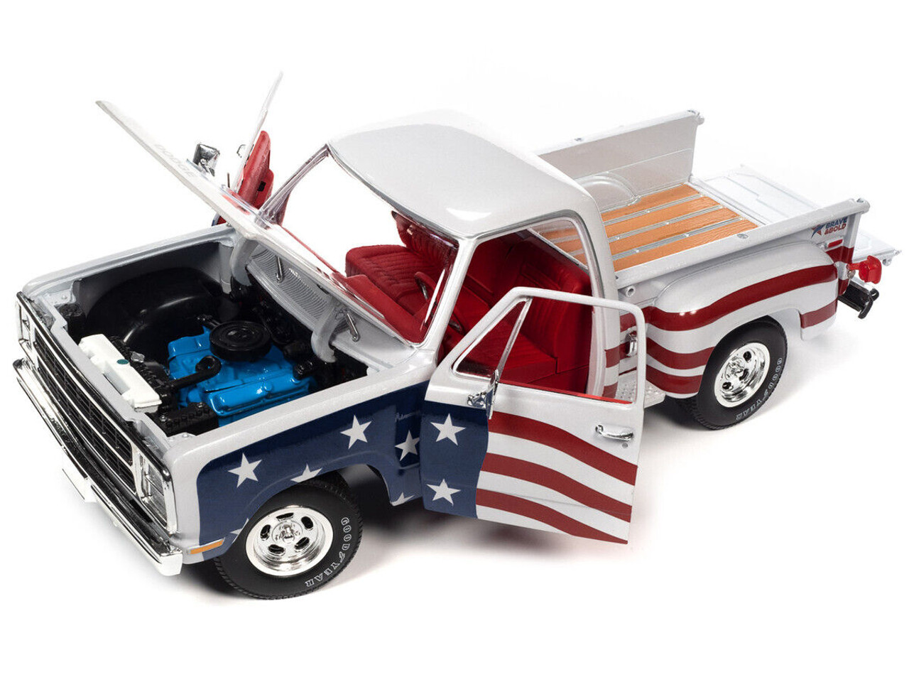 1/18 Auto World 1980 Dodge D150 Adventurer Pickup Truck White with American Flag Graphics and Red Interior Diecast Car Model