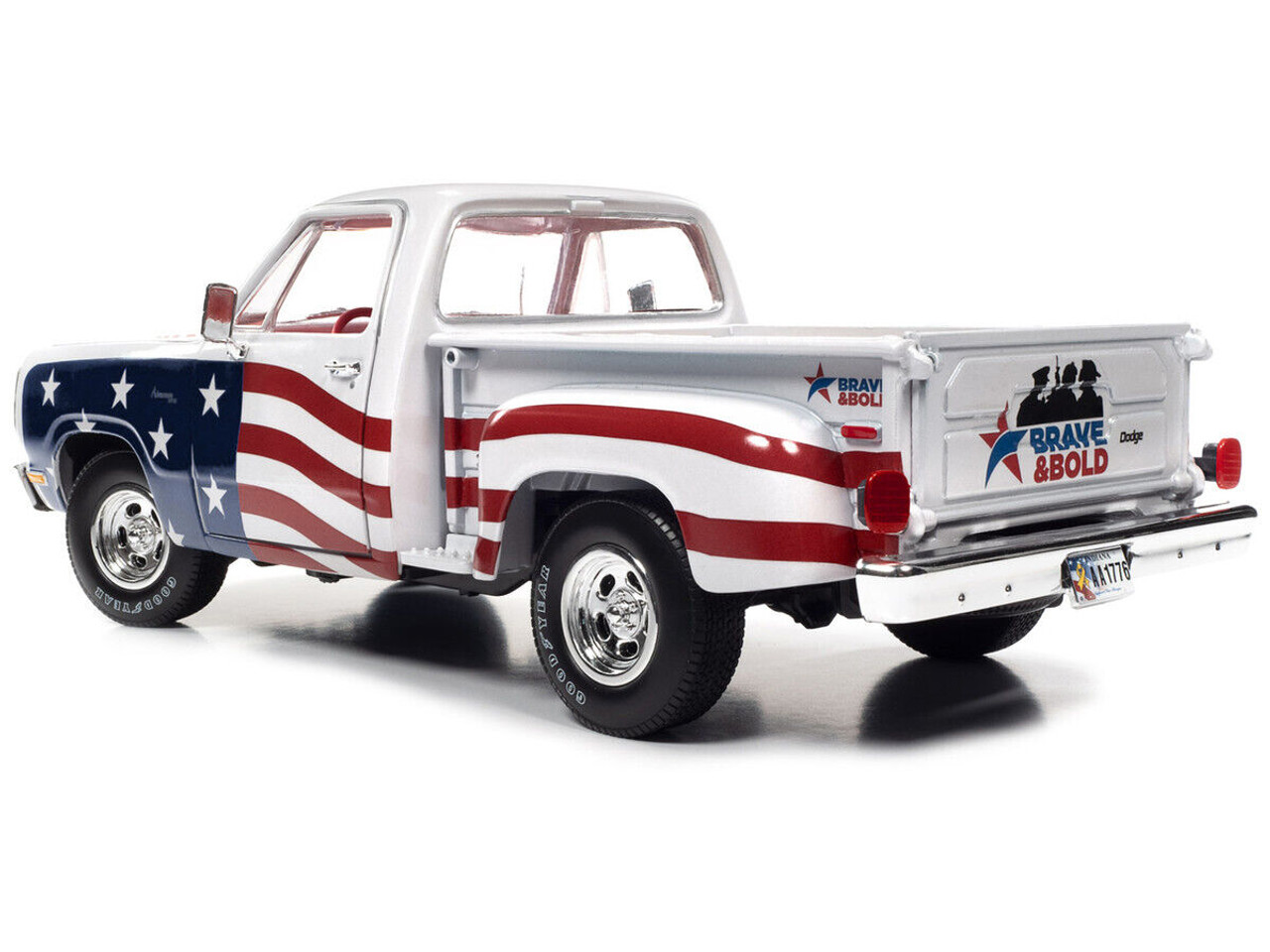 1/18 Auto World 1980 Dodge D150 Adventurer Pickup Truck White with American Flag Graphics and Red Interior Diecast Car Model