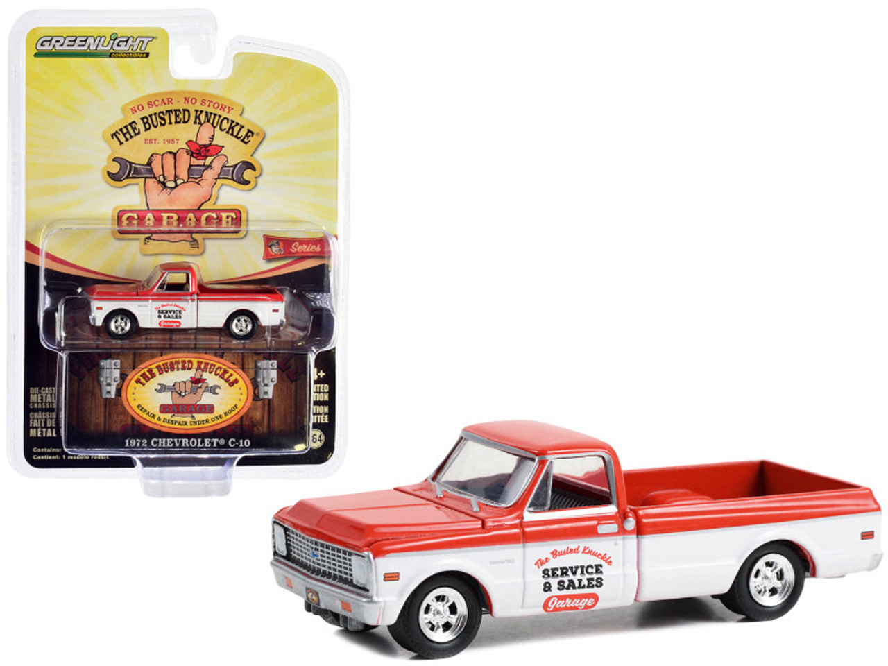 1972 Chevrolet C-10 Shortbed Pickup Truck Red and White "The Busted Knuckle Garage Service & Sales" "Busted Knuckle Garage" Series 2 1/64 Diecast Model Car by Greenlight