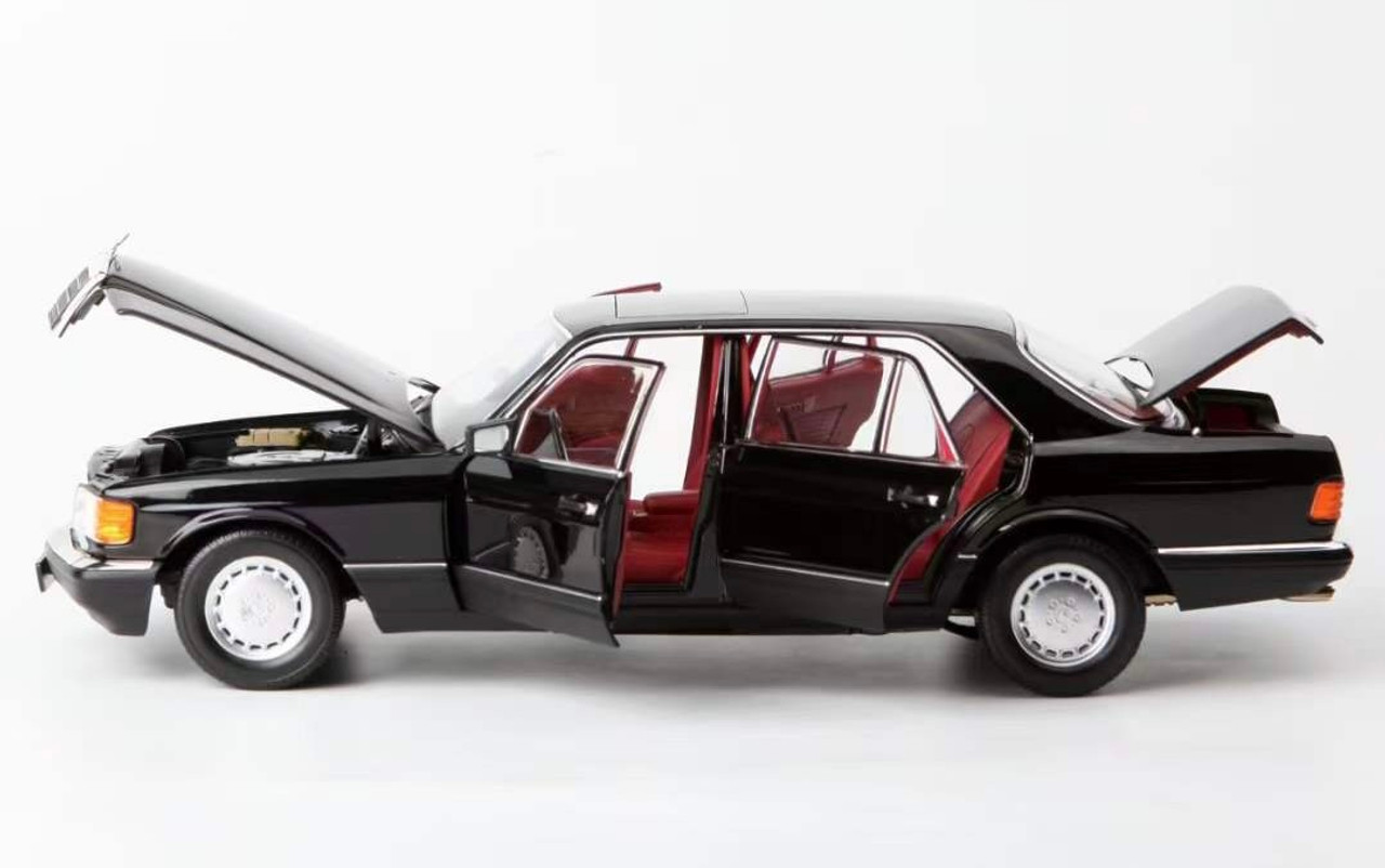 1/18 Norev 1989 Mercedes-Benz 560 SEL (Black with Red Interior) Diecast Car Model