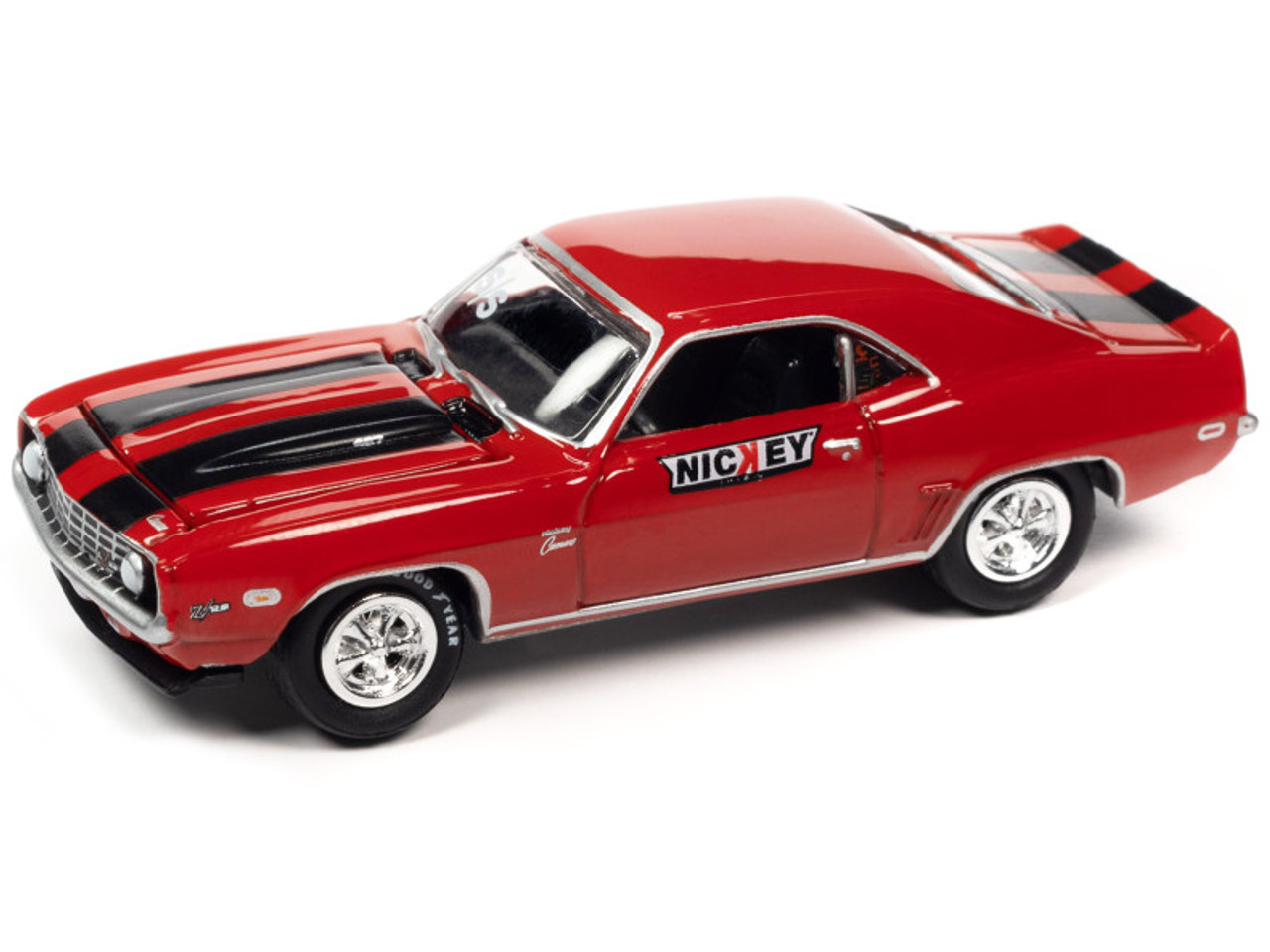 1969 Chevrolet Camaro SS Red with Black Stripes and 2013 Chevrolet Camaro ZL1 Convertible Black with Red Stripes and Interior "Nickey Chicago" Set of 2 Cars "2-Packs" 2023 Release 1 1/64 Diecast Model Cars by Johnny Lightning