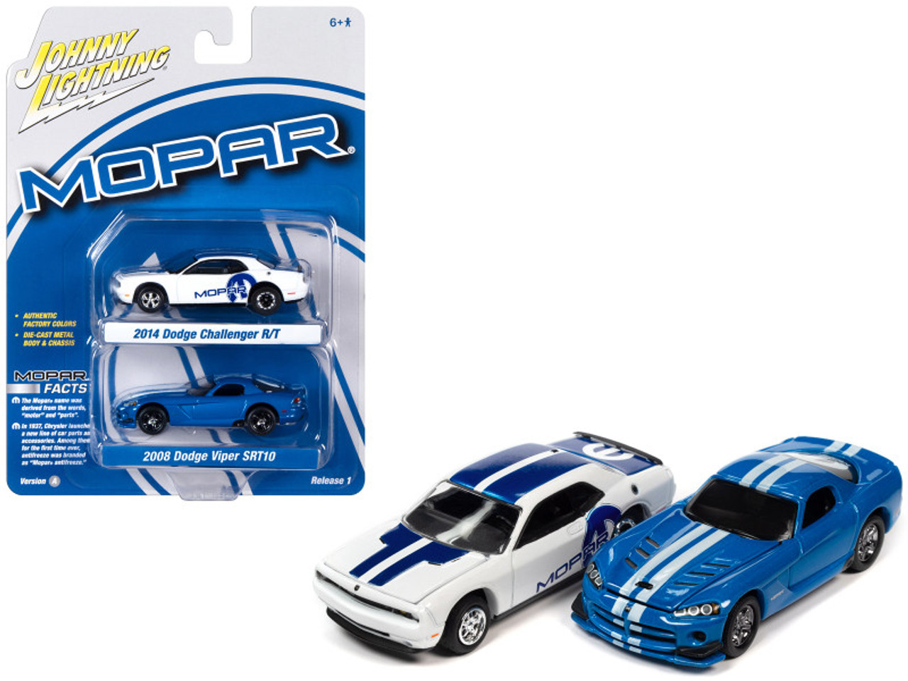 2014 Dodge Challenger R/T White with Blue Stripes and Graphics and 2008 Dodge Viper SRT10 Blue Metallic with White Stripes "MOPAR" Set of 2 Cars "2-Packs" 2023 Release 1 1/64 Diecast Model Cars by Johnny Lightning