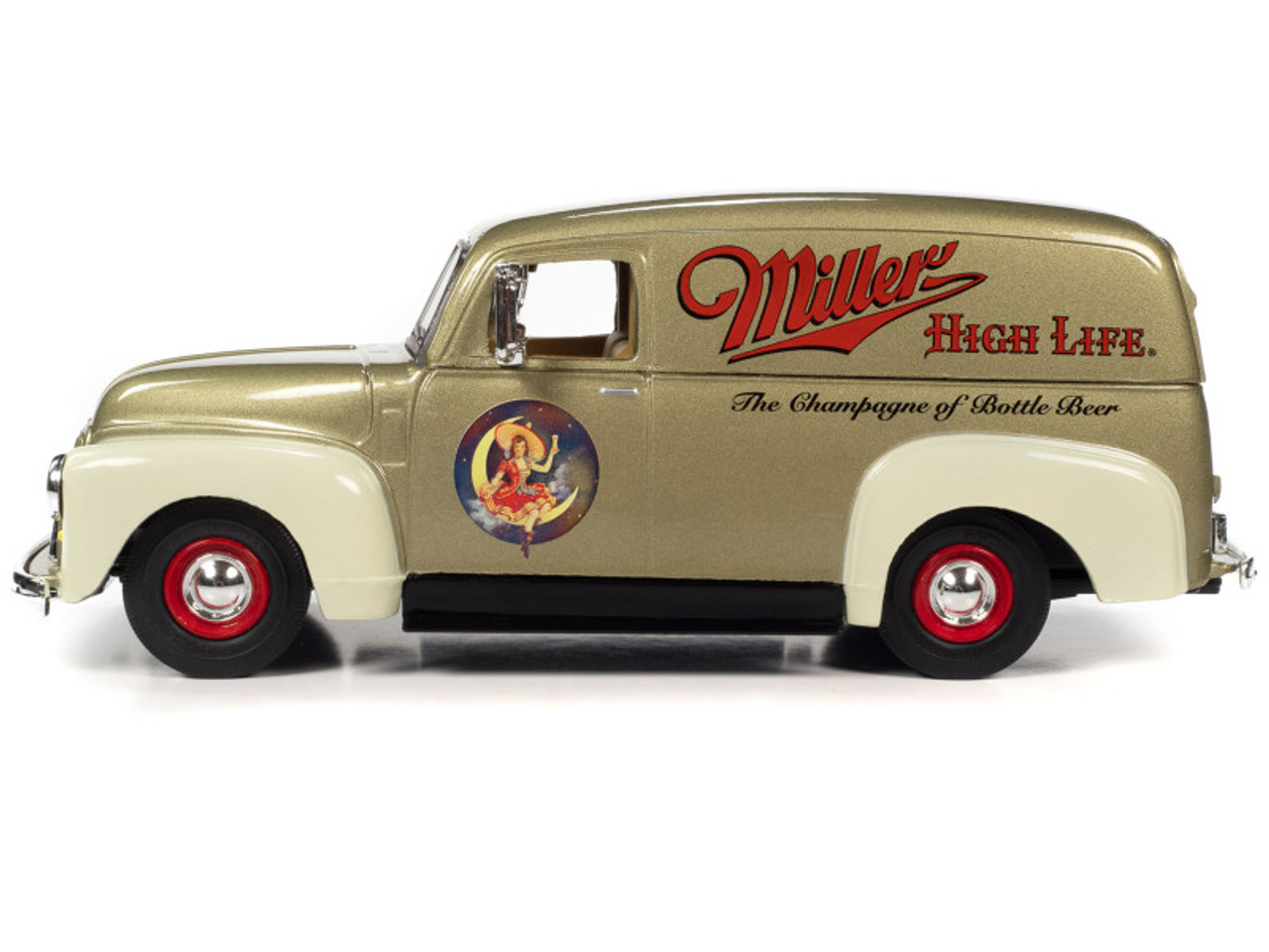 1951 GMC Sedan Delivery Gold Metallic and Beige "Miller High Life" and "Miller Girl in the Moon" Resin Figure 1/25 Diecast Model Car by Auto World