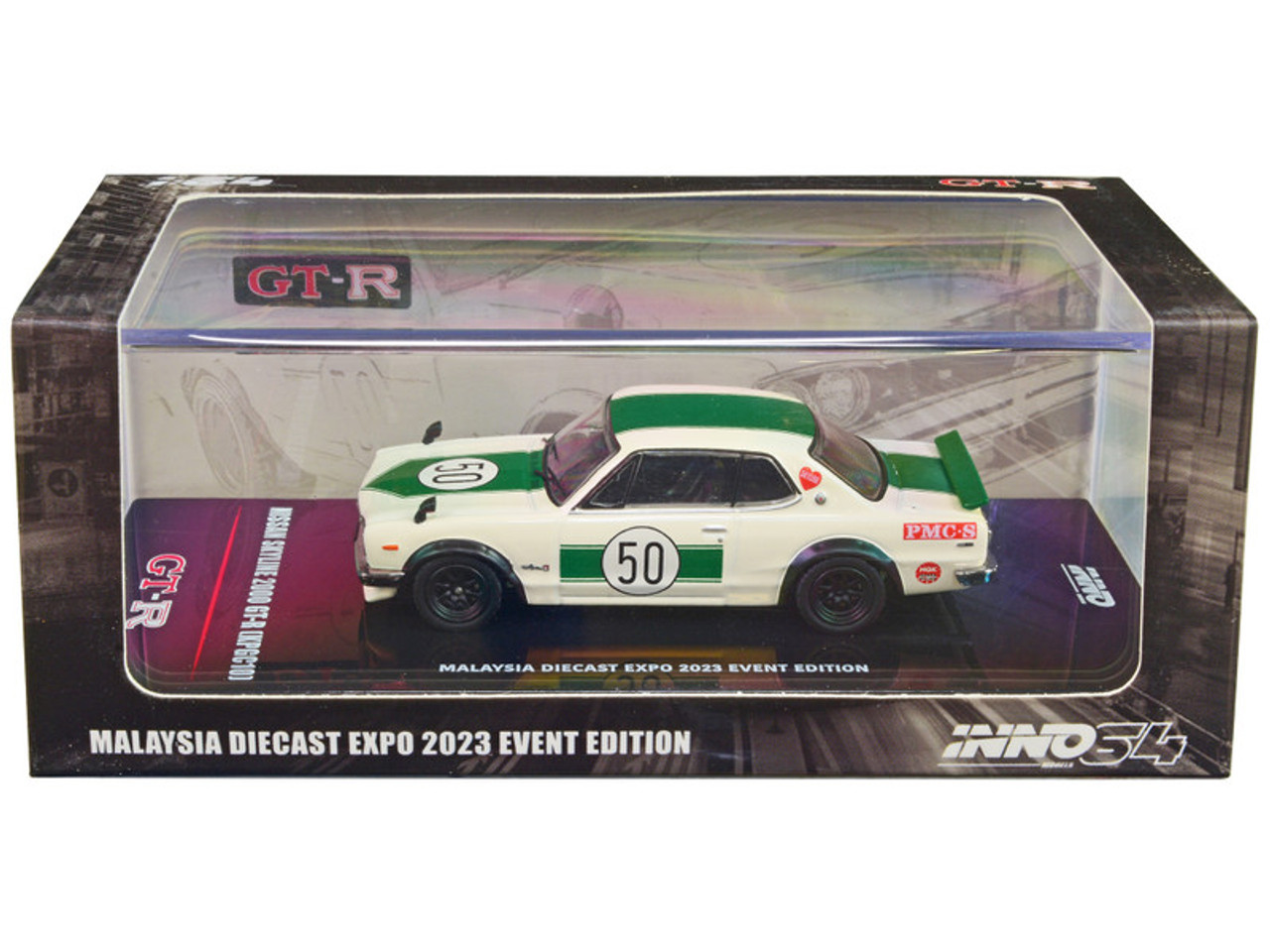 Nissan Skyline 2000 GT-R (KPGC10) #50 RHD (Right Hand Drive) White with Green Stripes "Malaysia Diecast Expo Event Edition" (2023) 1/64 Diecast Model Car by Inno Models