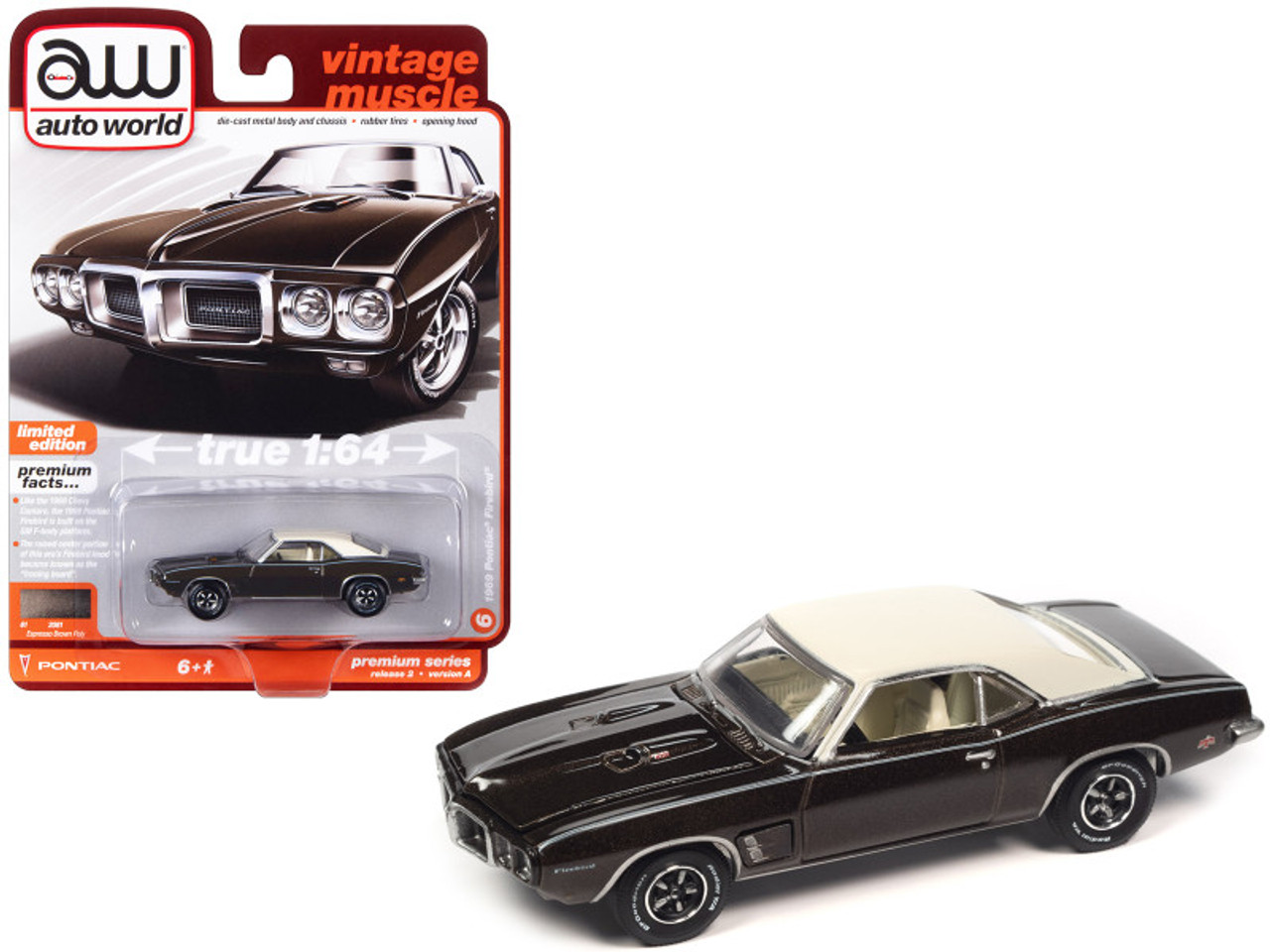 1969 Pontiac Firebird Espresso Brown Metallic with White Top "Vintage Muscle" Limited Edition 1/64 Diecast Model Car by Auto World