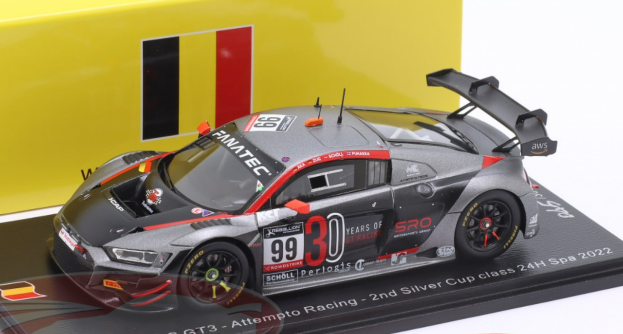 1/43 Spark 2022 Audi R8 LMS GT3 #99 2nd Silver Cup Class 24h Spa Attempto Racing Alex Aka, Juuso Puhakka, Nicolas Schöll. Marius Zug Car Model