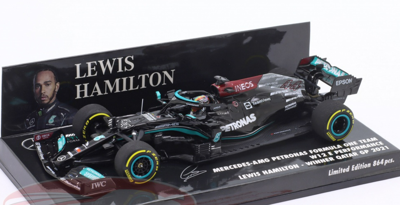 1/43 Minichamps 2021 Formula 1 Lewis Hamilton Mercedes-AMG F1 W12 #44 Winner Qatar GP Car Model