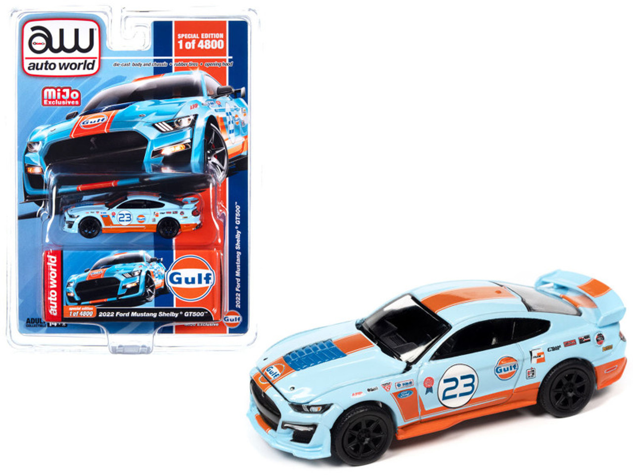 2022 Ford Mustang Shelby GT500 #23 Light Blue with Orange Stripes Gulf Oil Limited Edition to 4800 Pieces Worldwide 1/64 Diecast Model Car by Auto