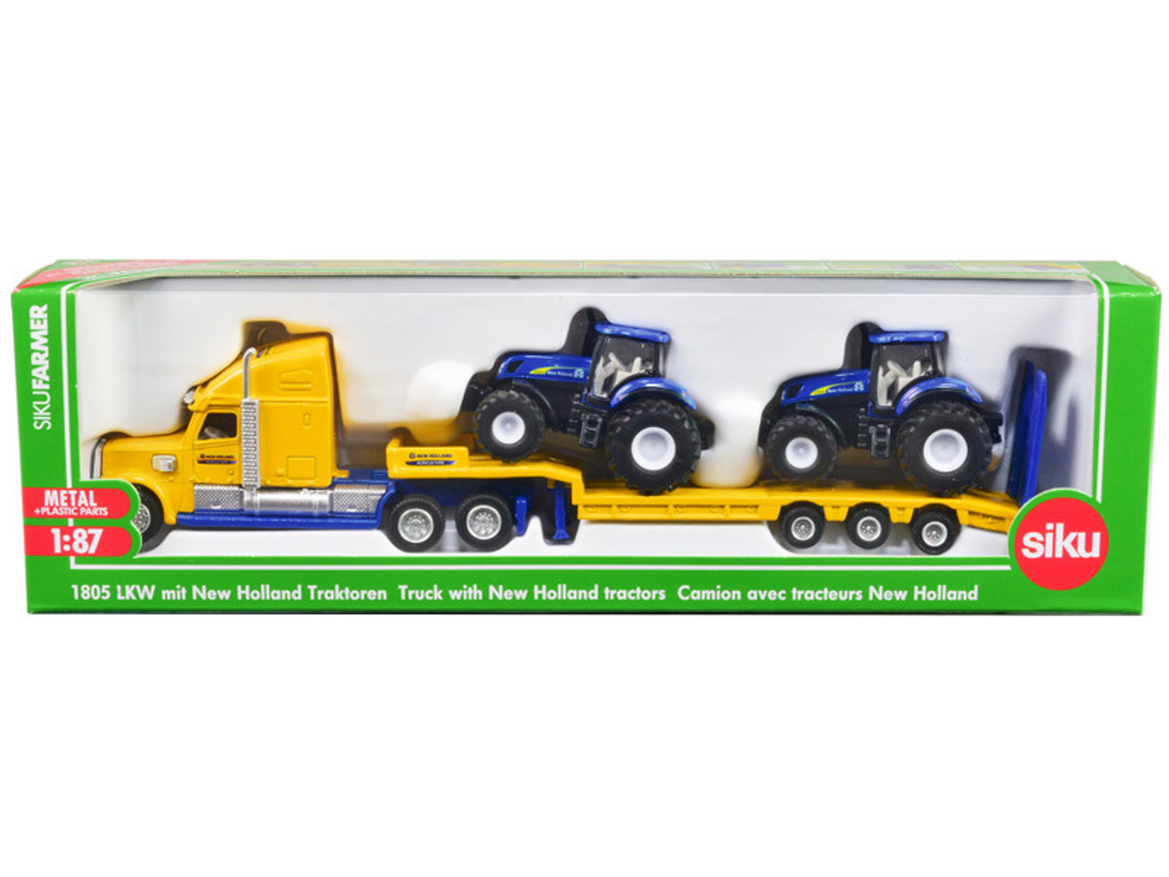 Tractor Truck Yellow with 2 New Holland T7070 Tractors Blue 1/87 (HO) Diecast Models by Siku