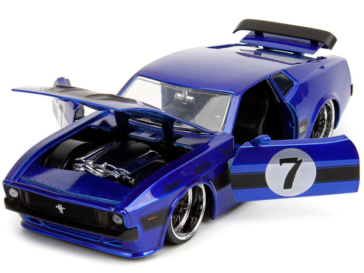 1973 Ford Mustang Mach 1 #7 Candy Blue Metallic with Black Stripes and Hood "Bigtime Muscle" Series 1/24 Diecast Model Car by Jada