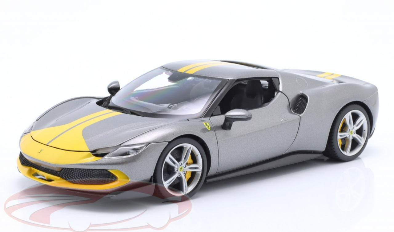 1/18 Bburago 2022 Ferrari 296 GTB Assetto Fiorano (Grey Metallic & Yellow) Diecast Car Model