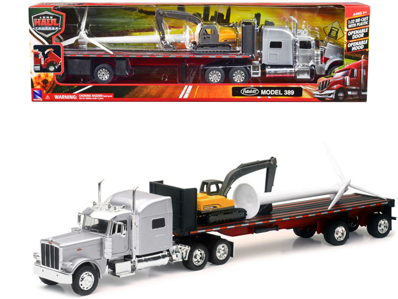 Peterbilt 389 Truck with Flatbed Trailer Silver Metallic with Excavator and Wind Turbine "Long Haul Truckers" Series 1/32 Diecast Model by New Ray