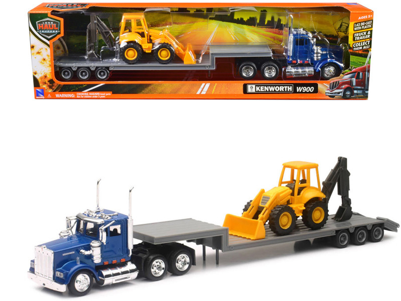 Kenworth W900 Truck with Lowboy Trailer Blue and Backhoe Yellow 