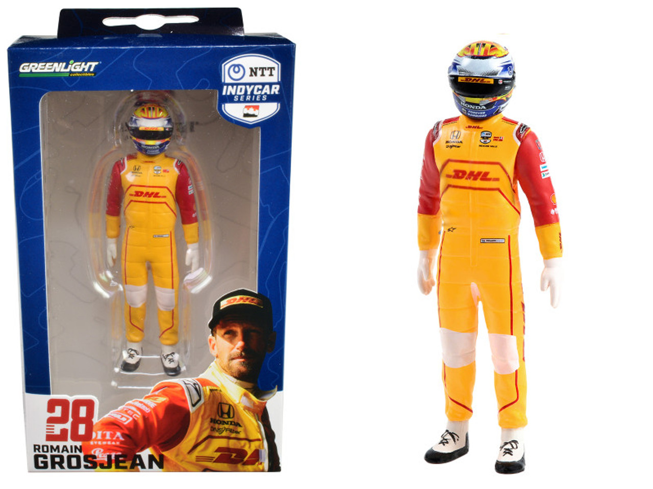 "NTT IndyCar Series" #28 Romain Grosjean Driver Figure "DHL - Andretti Autosport" for 1/18 Scale Models by Greenlight