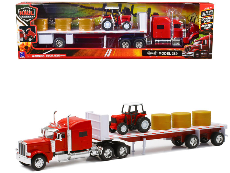 Peterbilt 389 Flatbed Truck Red with Farm Tractor Red and Hay