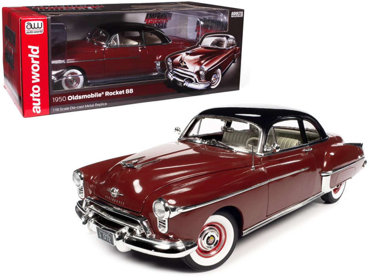 1/18 Auto World 1950 Oldsmobile Rocket 88 Chariot Red with Black Top and Red and White Interior Diecast Car Model