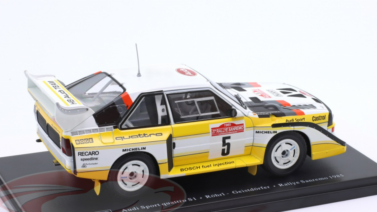 1/24 Altaya 1985 Audi S1 Quattro #5 Winner Rally Sanremo Audi Sport Walter Röhrl, Christian Geistdörfer Car Model