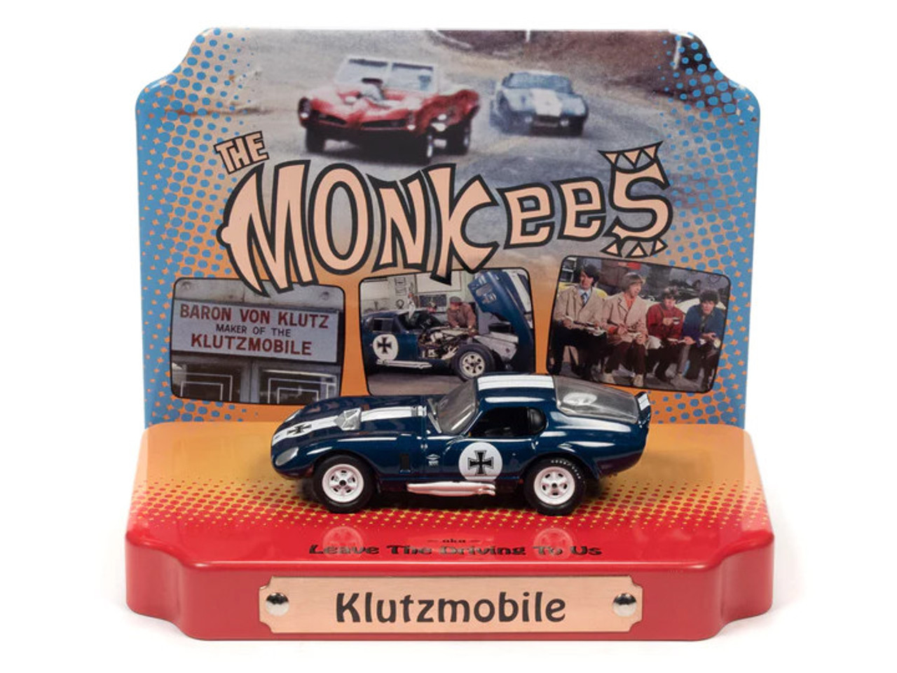 Ford Mustanf Shelby Cobra Daytona "Klutzmobile" Blue Metallic with White Stripes "The Monkees" with Collectible Tin Display "Silver Screen Machines" Series 1/64 Diecast Model Car by Johnny Lightning