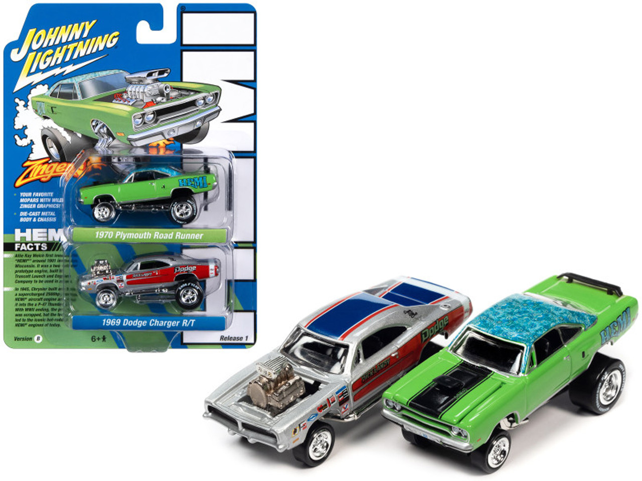 1970 Plymouth Road Runner HEMI Green with Blue Flower Top and Black Stripe and 1969 Dodge Charger R/T Silver Metallic with Graphics "Dick Landy" "Zingers!" Set of 2 Cars "2-Packs" 2023 Release 1 1/64 Diecast Model Cars by Johnny Lightning