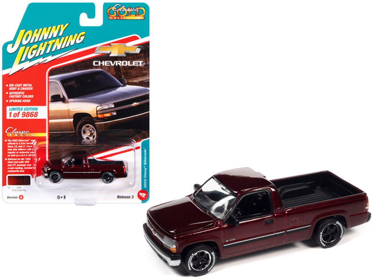 2002 Chevrolet Silverado Pickup Truck Cherry Red Metallic "Classic Gold Collection" Series Limited Edition to 9868 pieces Worldwide 1/64 Diecast Model Car by Johnny Lightning
