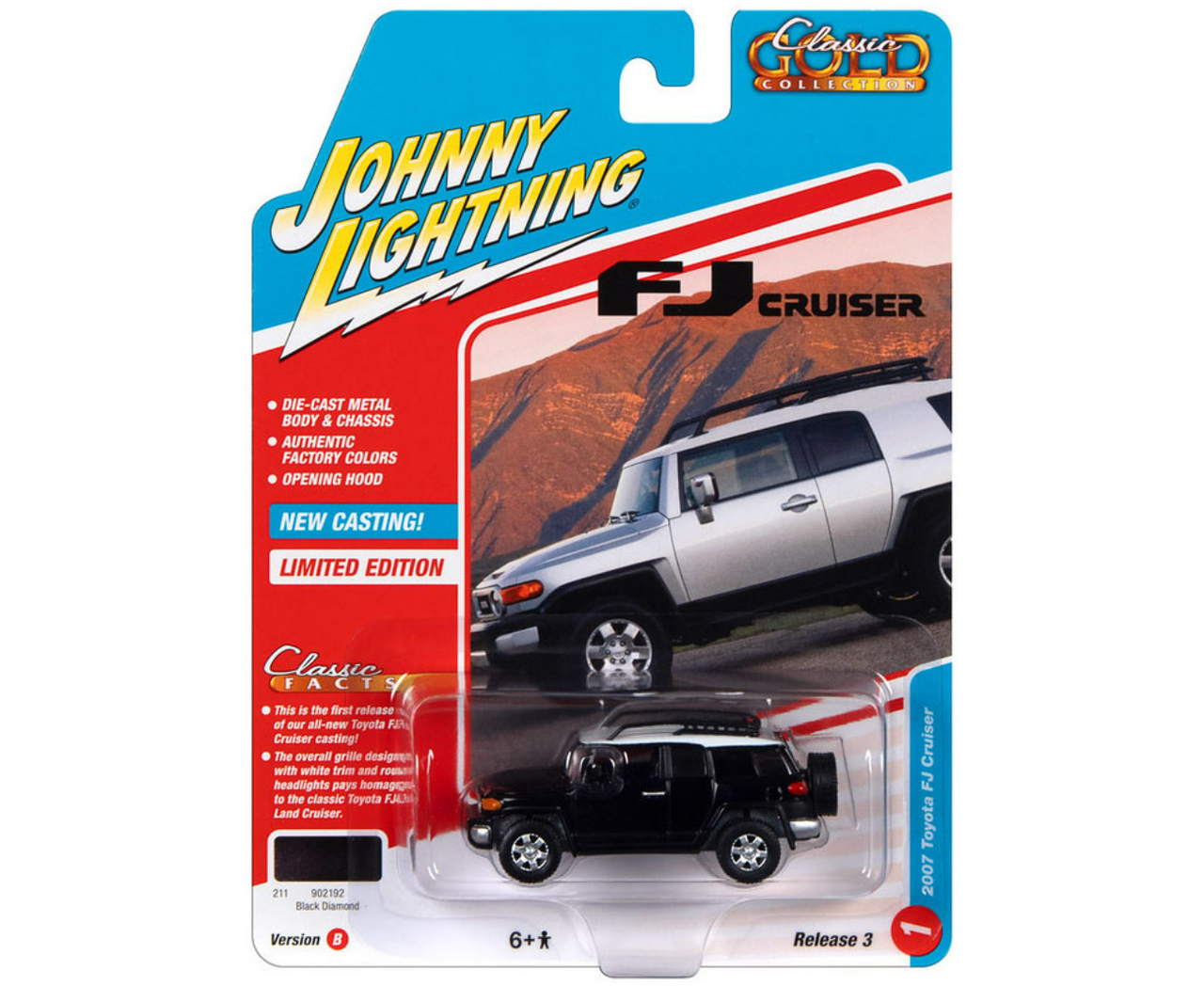 2007 Toyota FJ Cruiser Black Diamond with White Top and Roofrack "Classic Gold Collection" Series Limited Edition 1/64 Diecast Model Car by Johnny Lightning