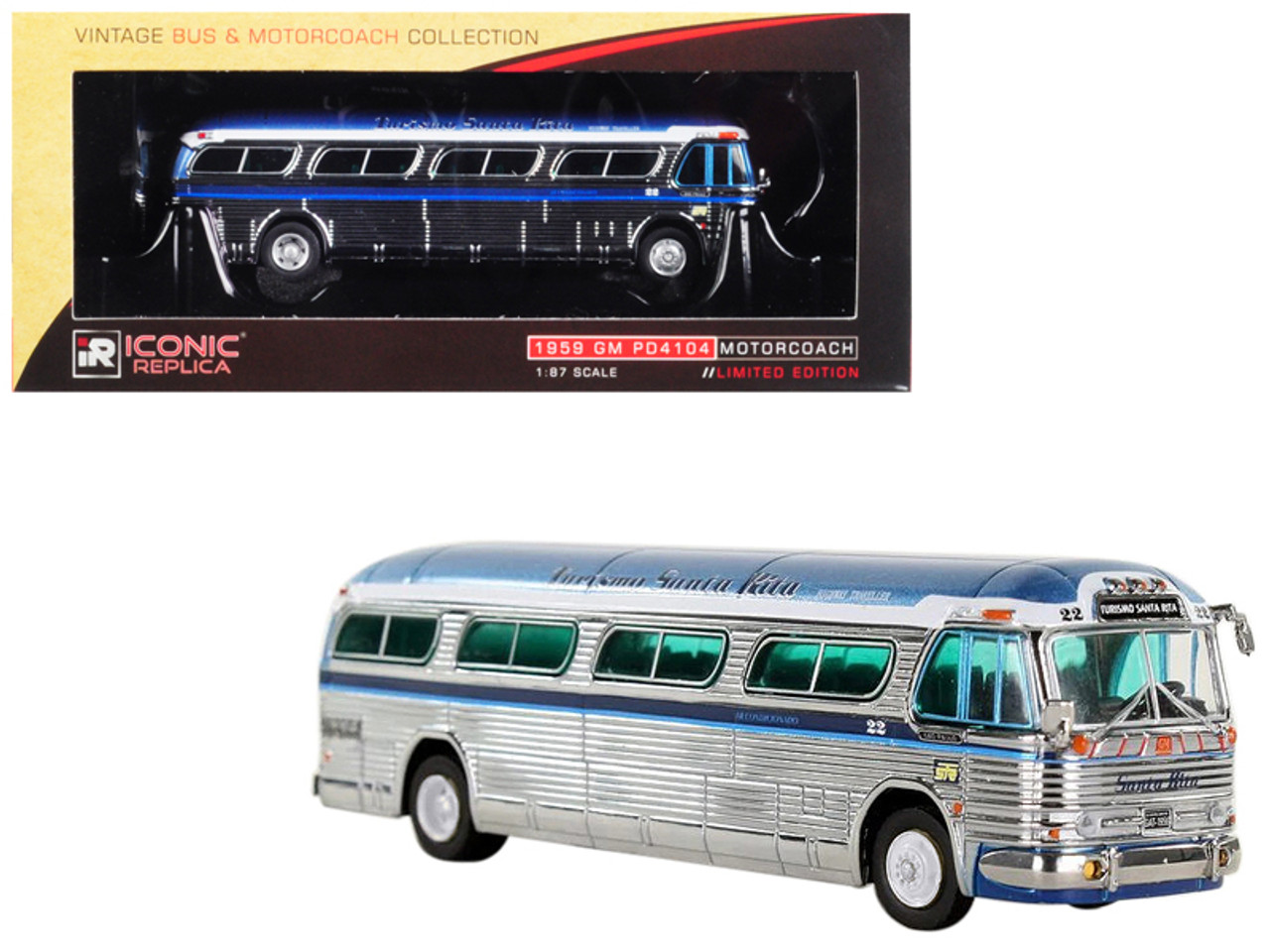 1/87 IR Iconic Replicas 1959 GM PD4104 Motorcoach #22 "Turismo Santa Rita" (Sao Paulo) Chrome "Vintage Bus & Motorcoach Collection" Diecast Car Model