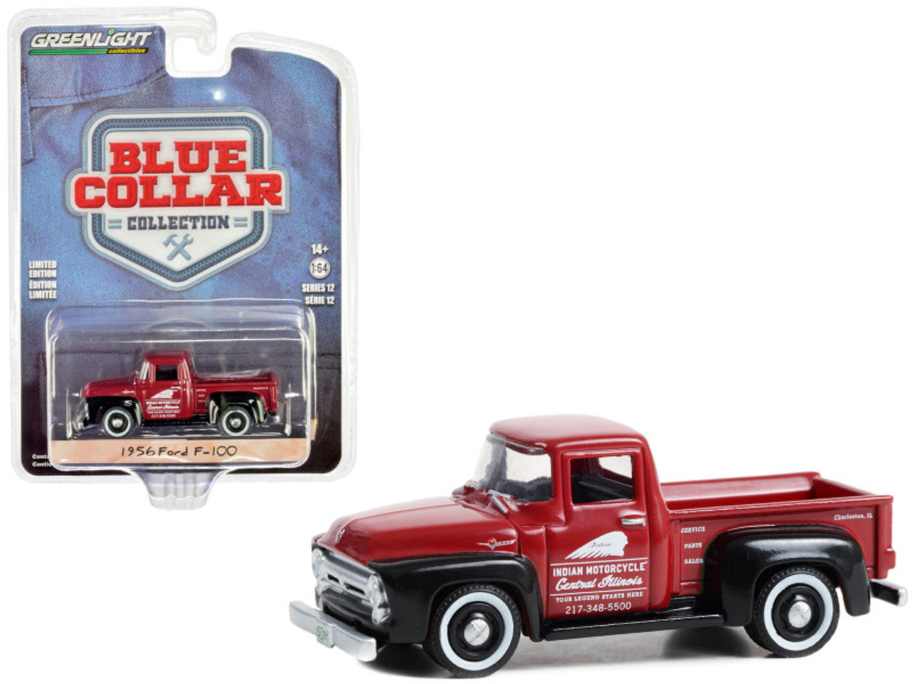 1956 Ford F-100 Pickup Truck Red and Black "Indian Motorcycle Service Parts & Sales" "Blue Collar Collection" Series 12 1/64 Diecast Model Car by Greenlight