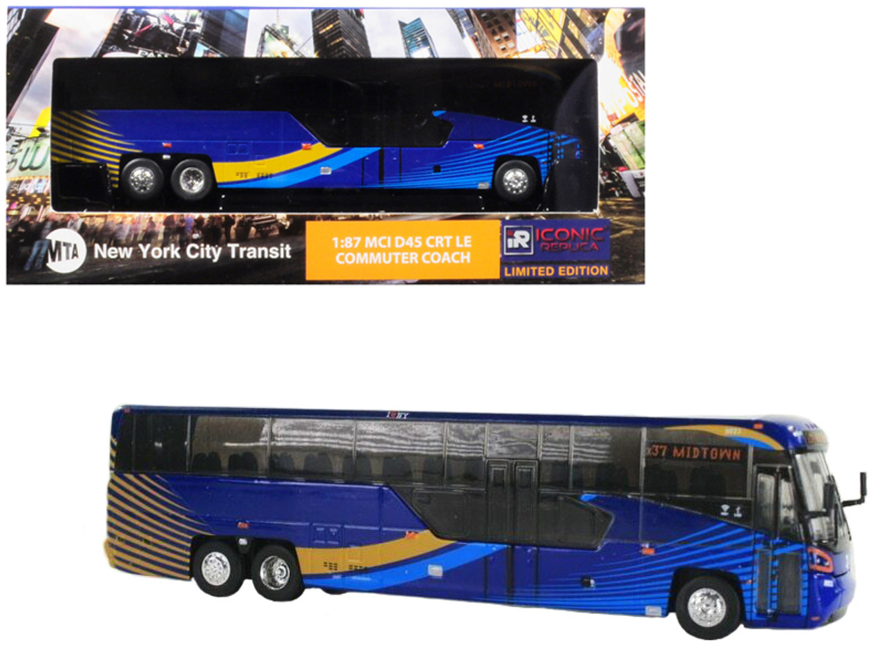 1/87 IR Iconic Replicas MCI D45 CRT LE Commuter Coach Transit Bus "x37 Midtown" ("MTA New York City Transit") Blue Diecast Car Model