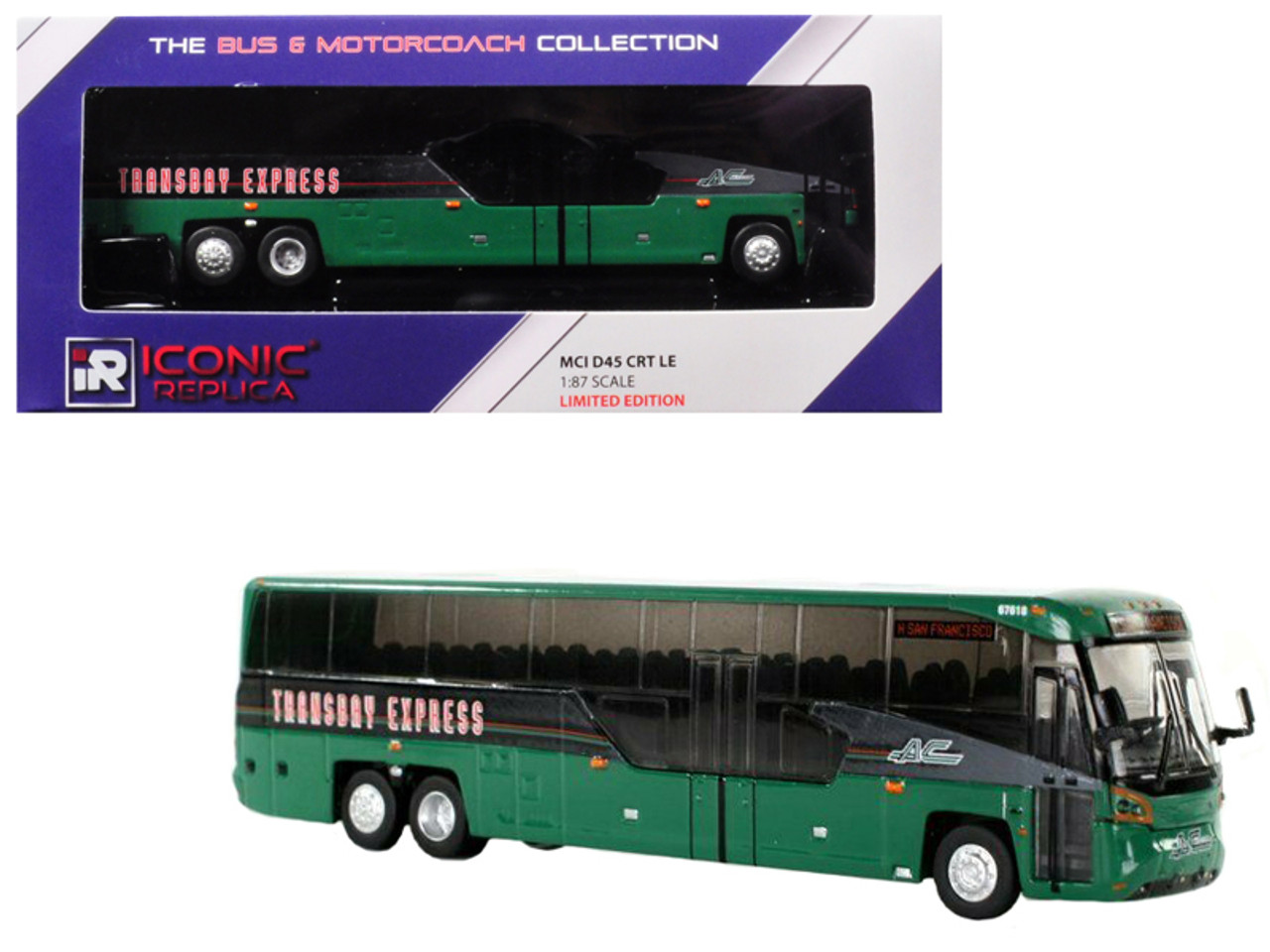 1/87 IR Iconic Replicas MCI D45 CRT LE Coach "AC Transit" Bus "Transbay Express" (San Francisco) Green Diecast Car Model