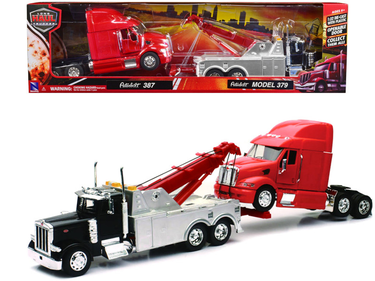 Peterbilt 379 Tow Truck Black with Peterbilt 387 Truck Tractor Red Set of 2  pieces 1/32 Diecast Model by New Ray