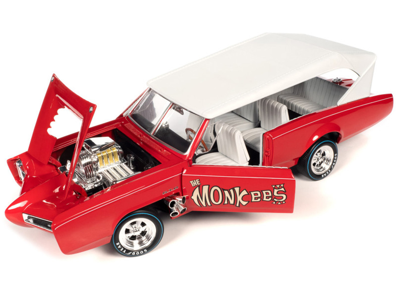 1/18 Auto World Monkeemobile Red with White Top and Interior "The Monkees" with Four Monkees Figure Cutouts "Silver Screen Machines" Series Diecast Car Model