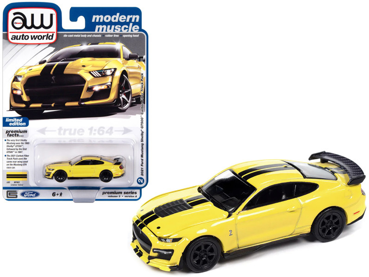 2021 Ford Mustang Shelby GT500 Carbon Fiber Track Pack Grabber Yellow with Black Stripes "Modern Muscle" Limited Edition 1/64 Diecast Model Car by Auto World