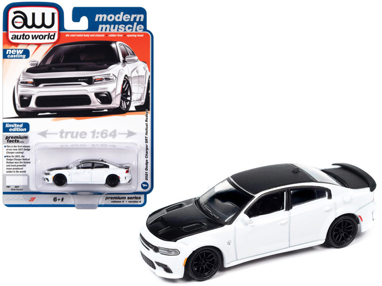 2021 Dodge Charger SRT Hellcat Redeye White Knuckle with Black Hood and Top "Modern Muscle" Limited Edition 1/64 Diecast Model Car by Auto World