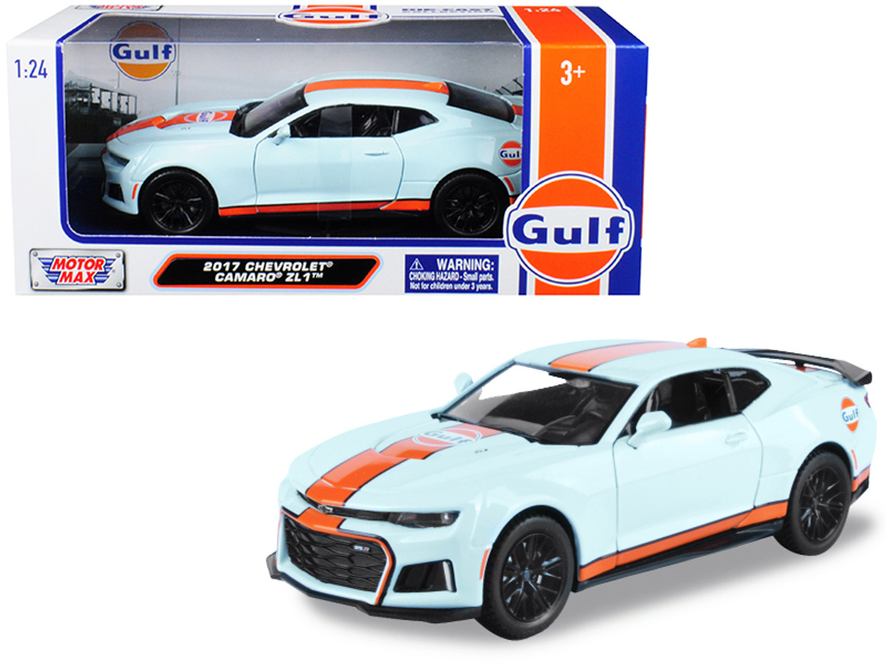 1/24 Motormax 2017 Chevrolet Camaro ZL1 with "Gulf" Livery Light Blue with Orange Stripe Diecast Car Model