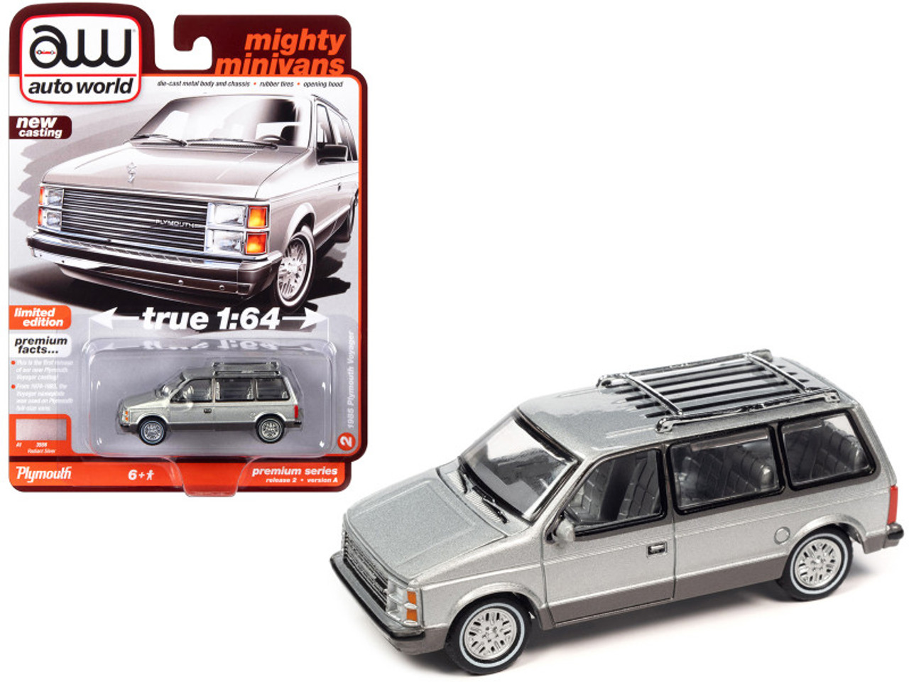 1985 Plymouth Voyager Minivan Radiant Silver Metallic with Roofrack "Mighty Minivans" Limited Edition 1/64 Diecast Model Car by Auto World