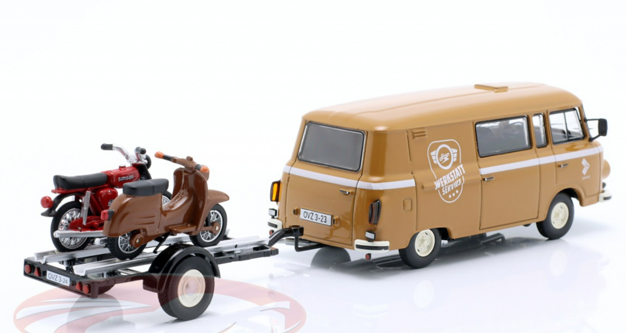 1/43 Schuco Barkas B1000 with Simson S51 & Schwalbe on Trailer Car Model