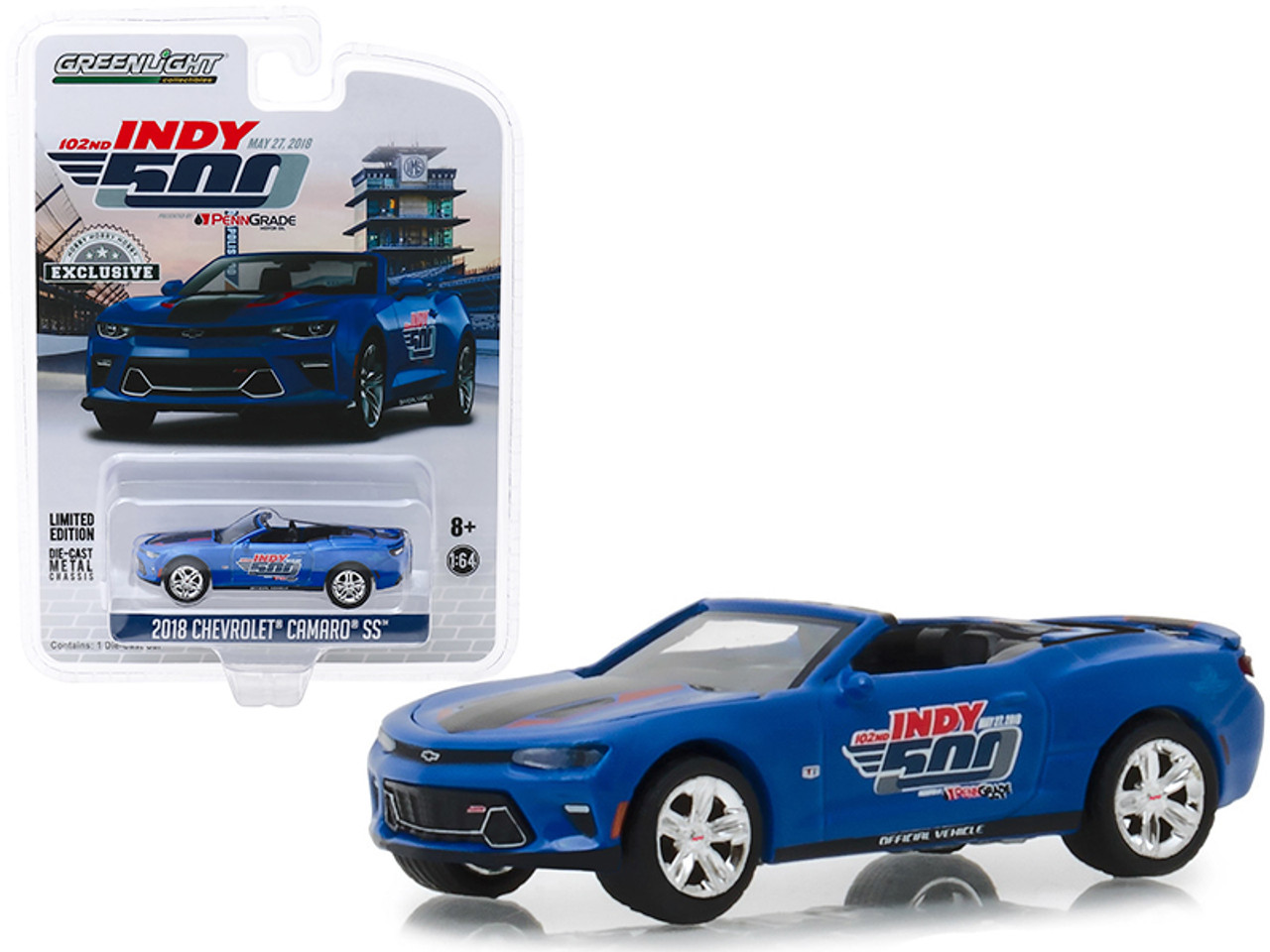1/64 Greenlight 2018 Chevrolet Camaro SS Convertible Blue "102nd Indy 500 Presented" by PennGrade Motor Oil 500 Festival Event Car "Hobby Exclusive" Diecast Car Model