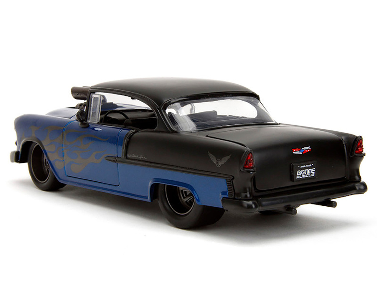1955 Chevrolet Bel Air Blue Metallic and Black with Black Flames "Bigtime Muscle" Series 1/24 Diecast Model Car by Jada
