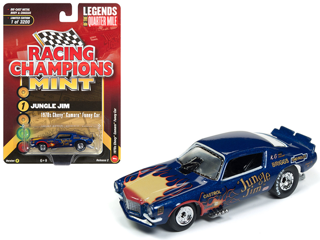 1/64 Racing Champions 1970 Chevrolet Camaro Funny Car "Jungle Jim" Blue with Flames Limited Edition to 3,200 pieces Worldwide Diecast Car Model