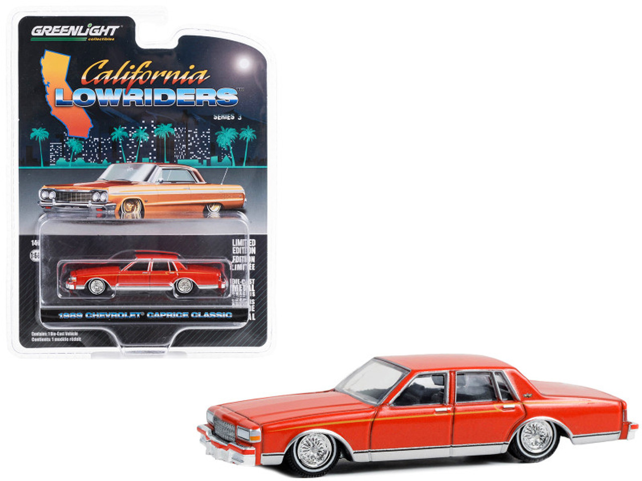 1989 Chevrolet Caprice Classic Lowrider Custom Red Orange with Yellow Stripes "California Lowriders" Series 3 1/64 Diecast Model Car by Greenlight