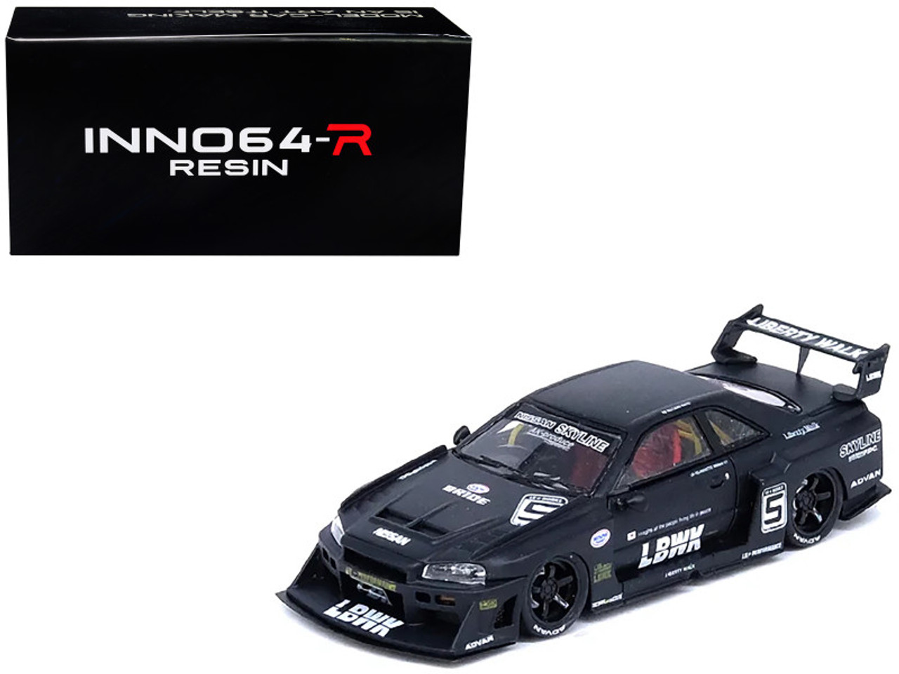 Nissan Skyline "LBWK" (ER34) Super Silhouette #5 RHD (Right Hand Drive) Matt Black "Inno64-R Resin" Series 1/64 Diecast Model Car by Inno Models