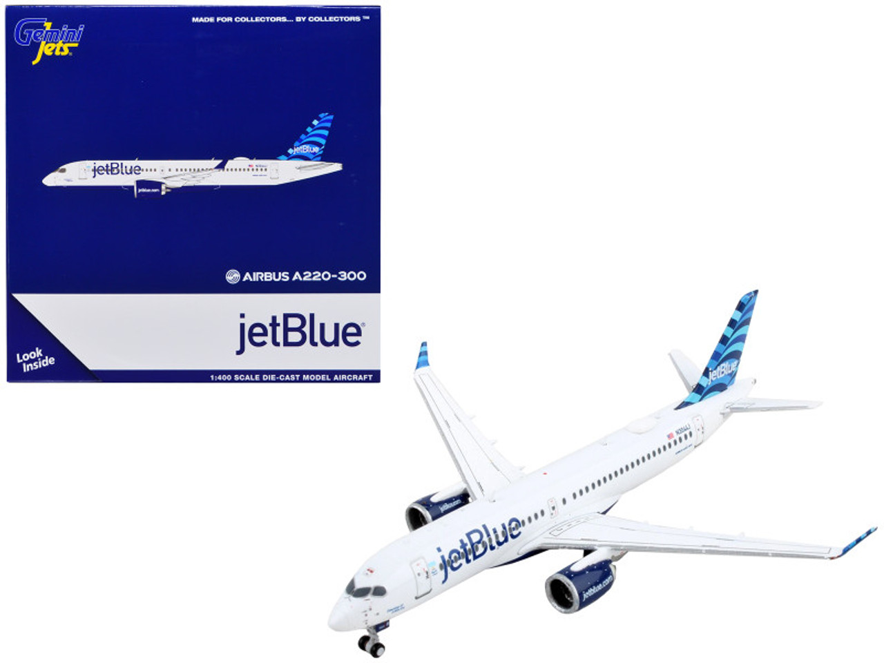 Airbus A220-300 Commercial Aircraft "JetBlue Airways" White with Blue Tail 1/400 Diecast Model Airplane by GeminiJets