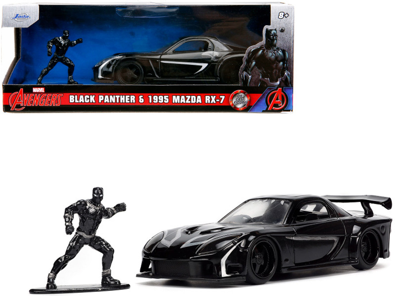 1995 Mazda RX-7 RHD (Right Hand Drive) Black and Black Panther Diecast Figure "The Avengers" "Hollywood Rides" Series 1/32 Diecast Model Car by Jada