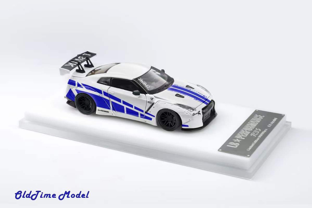 1/64 OldTime Model Nissan GT-R R35 LB 1.0 Widebody (FNF White with Blue Strips) Diecast Car Model