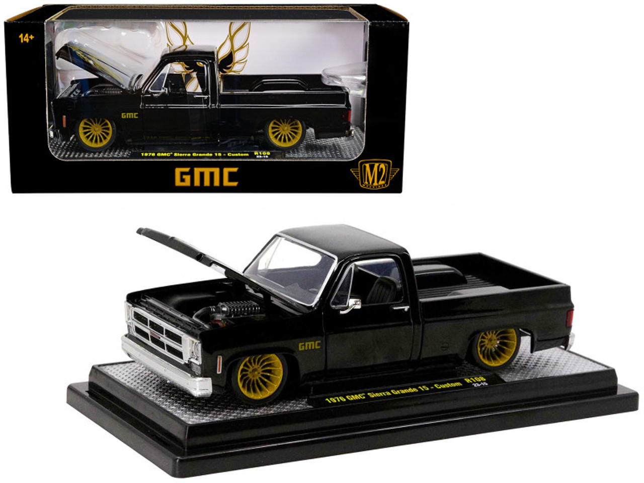 1976 GMC Sierra Grande 15 Custom Pickup Truck Black with Golden Eagle on Hood Limited Edition to 6950 pieces Worldwide 1/24 Diecast Model Car by M2 Machines