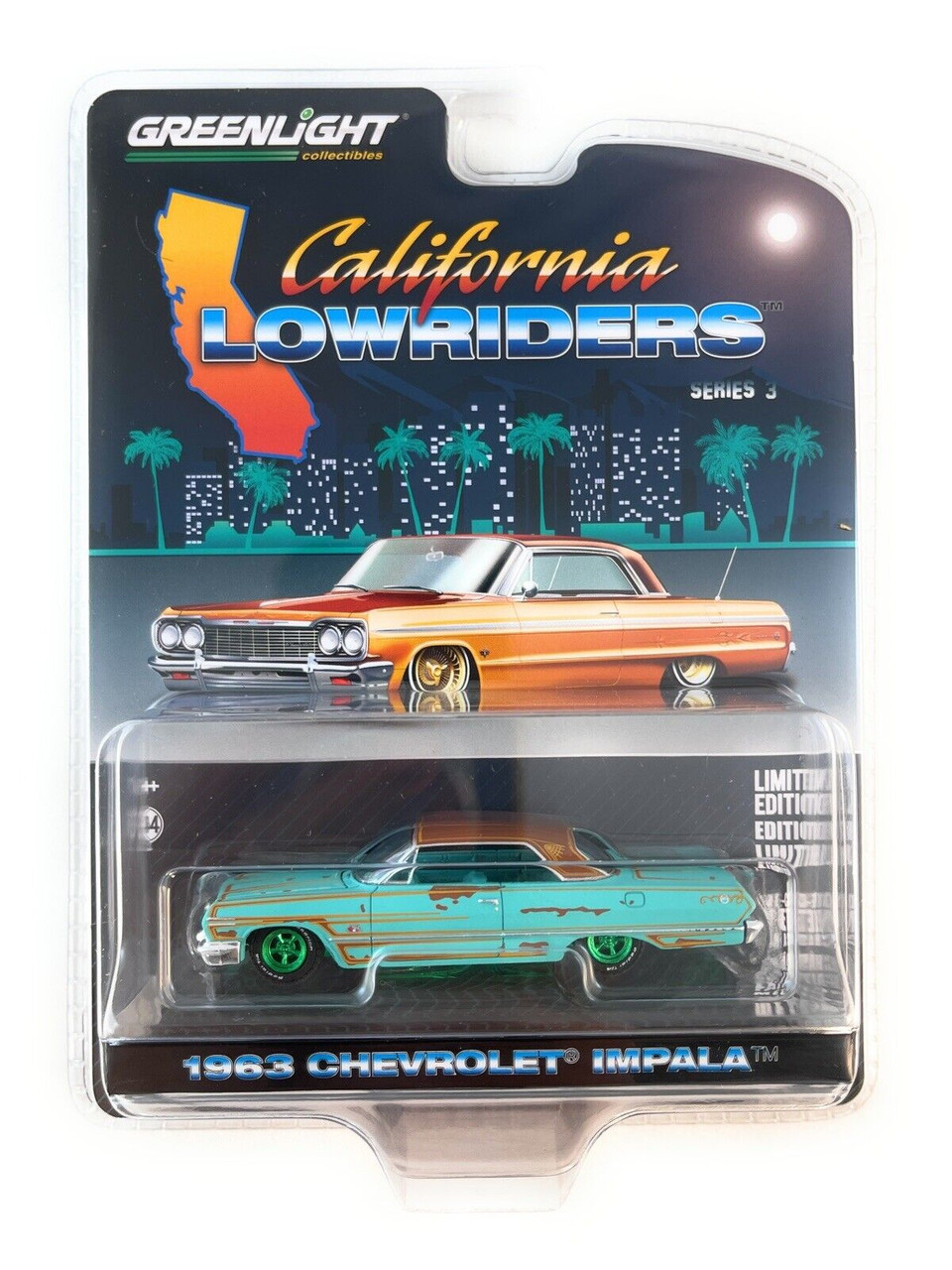 CHASE CAR 1963 Chevrolet Impala Lowrider Teal Patina (Rusted) with Brown Top and Teal Interior "California Lowriders" Series 3 1/64 Diecast Model Car by Greenlight