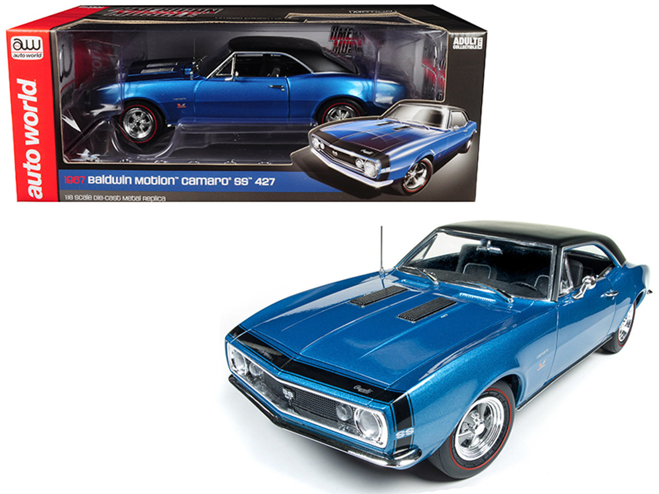 1/18 Autoworld 1967 Chevrolet Chevy Camaro SS 427 Baldwin Motion Marina  Blue with Black Hardtop 50th Anniversary Limited 1002 Pieces Diecast Car  Model