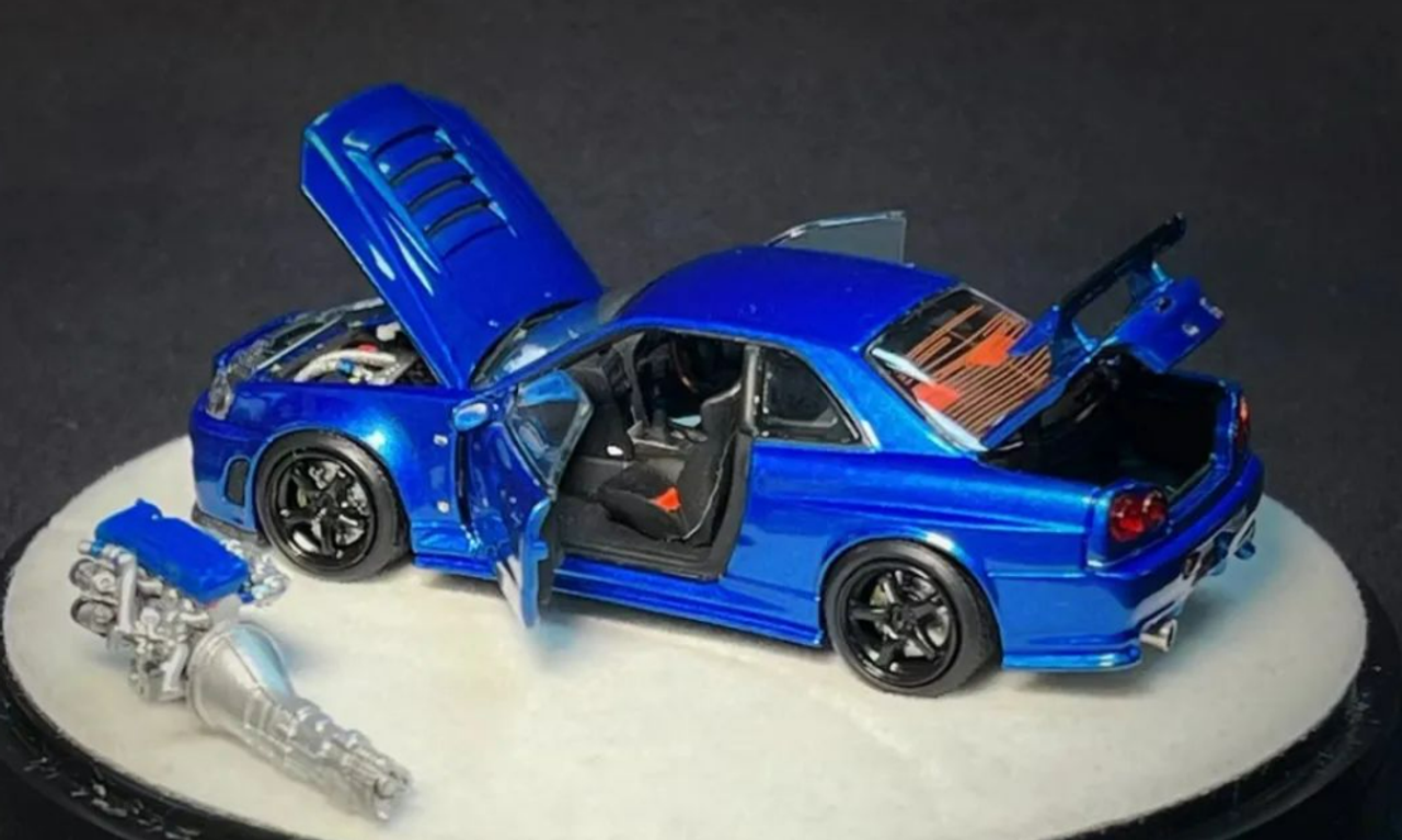 1/64 PGM Nissan Skyline GT-R R34 (Blue) Diecast Car Model with Extra Engine Elite Round Package