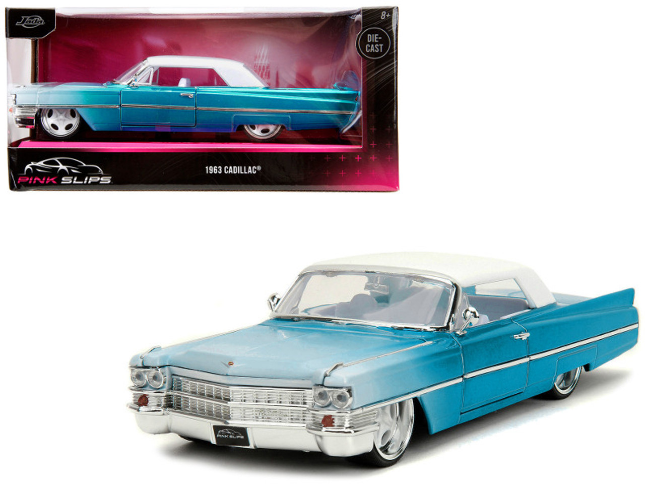 1963 Cadillac Coupe DeVille Blue Metallic and White Gradient with White Top  and Interior Pink Slips Series 1/24 Diecast Model Car by Jada