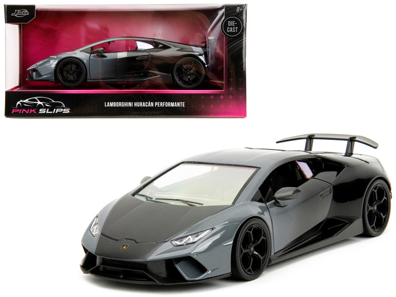 Lamborghini Huracan Perfomante Gray and Black Gradient with Carbon Hood "Pink Slips" Series 1/24 Diecast Model Car by Jada